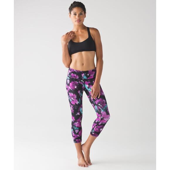 LULULEMON Wunder Under Crop III‎ Legging Midnight Bloom Black Deep Fuschia - Picture 1 of 9